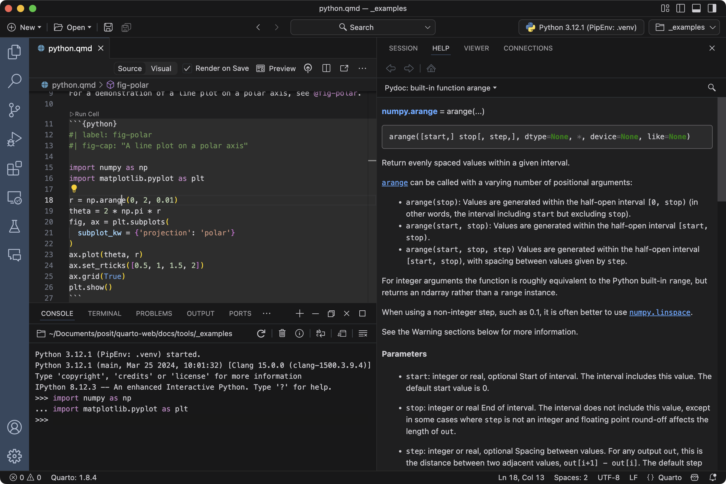 두 개의 세로 섹션이 있는 Positron 편집기 스크린샷. 왼쪽 섹션에는 Python 코드가 있는 quarto 파일 소스 코드와 활성 Python Console이 있고, 오른쪽에는 `np.arange` 도움말이 표시된 Help 패널이 있습니다.