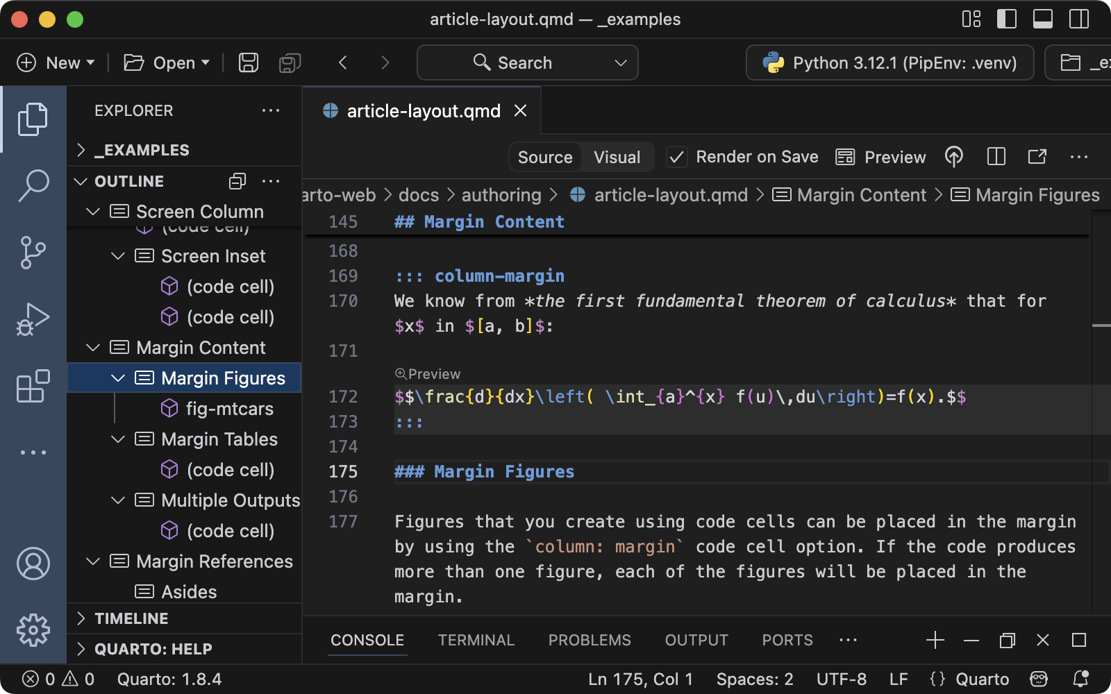 왼쪽 패널에 개요 보기가 표시된 Quarto 문서. 개요에는 Quarto 문서의 섹션 제목이 나열됩니다.