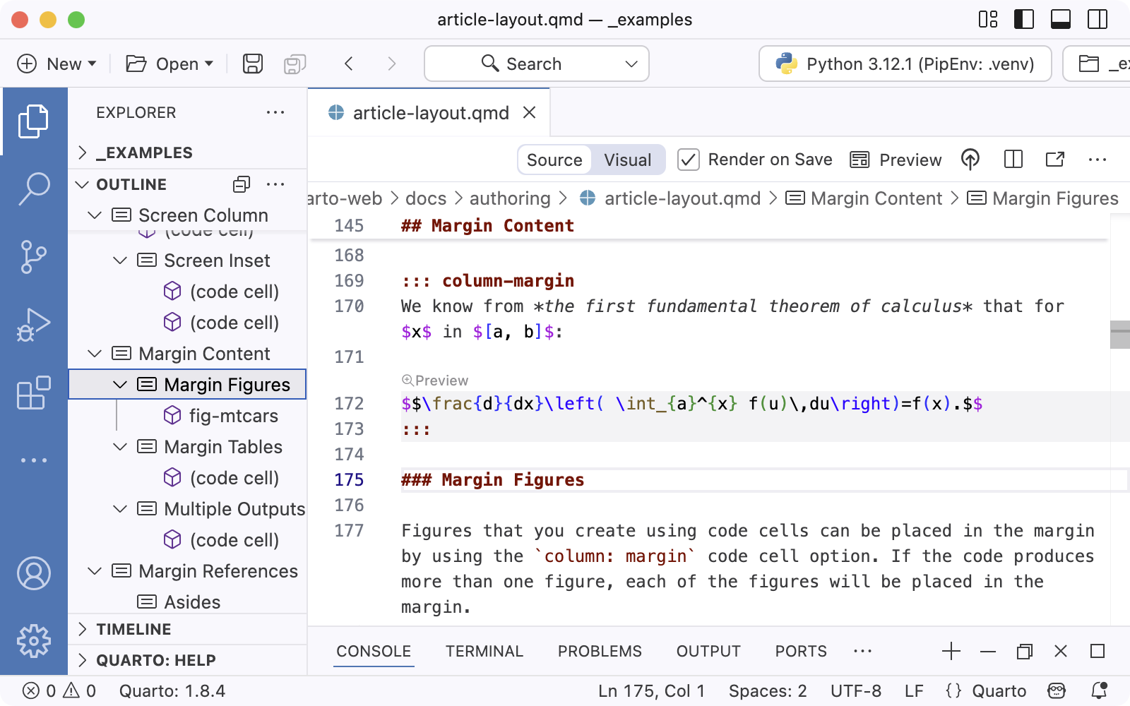 왼쪽 패널에 개요 보기가 표시된 Quarto 문서. 개요에는 Quarto 문서의 섹션 제목이 나열됩니다.