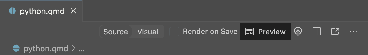 Positron 편집기 상단. 편집기 탭 영역의 오른쪽에 Preview 버튼이 있습니다.