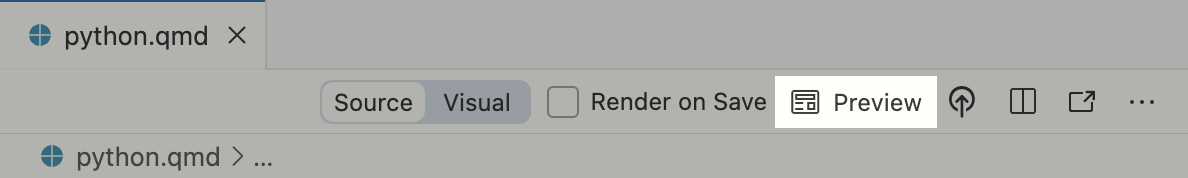 Positron 편집기 상단. 편집기 탭 영역의 오른쪽에 Preview 버튼이 있습니다.