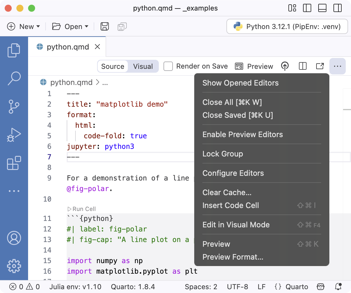 Positron 편집기 상단. 편집기 제목 메뉴가 확장되어 있고 Preview Format 명령이 메뉴에 있습니다.