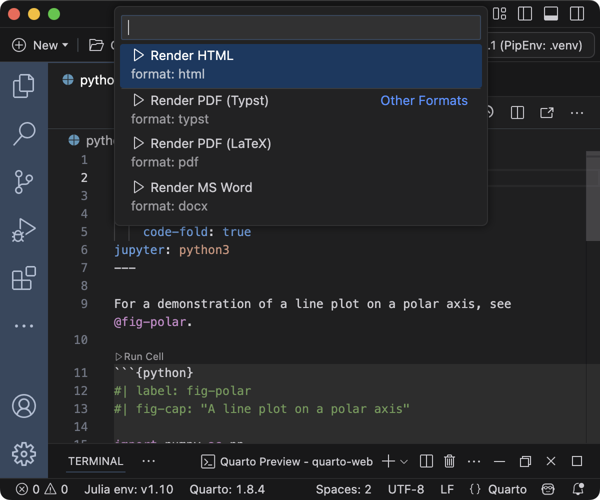 Positron 편집기 상단. 명령 팔레트에 렌더링 가능한 형식의 빠른 선택 목록이 표시됩니다.
