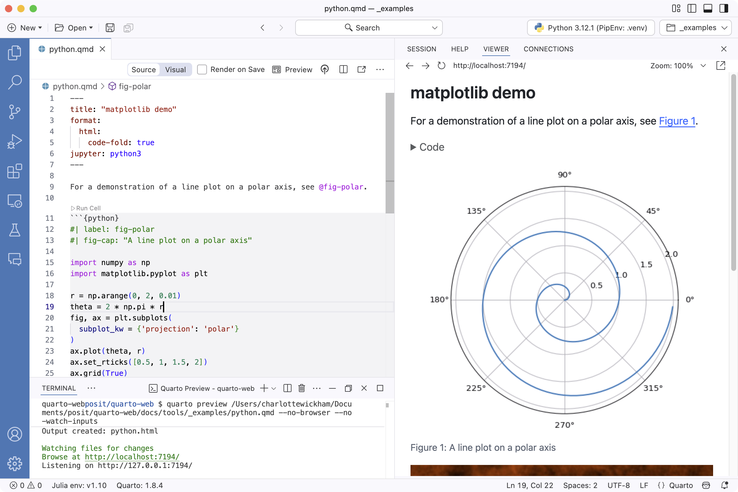 두 개의 창이 나란히 배치되어 있습니다. 왼쪽 창은 Positron에서 열린 qmd 파일입니다. 이 문서의 내용은 이 웹사이트 Getting Started: Welcome 섹션의 첫 부분과 동일합니다. 문서 내용이 오른쪽 창에서 Quarto에 의해 렌더링되어 표시됩니다.