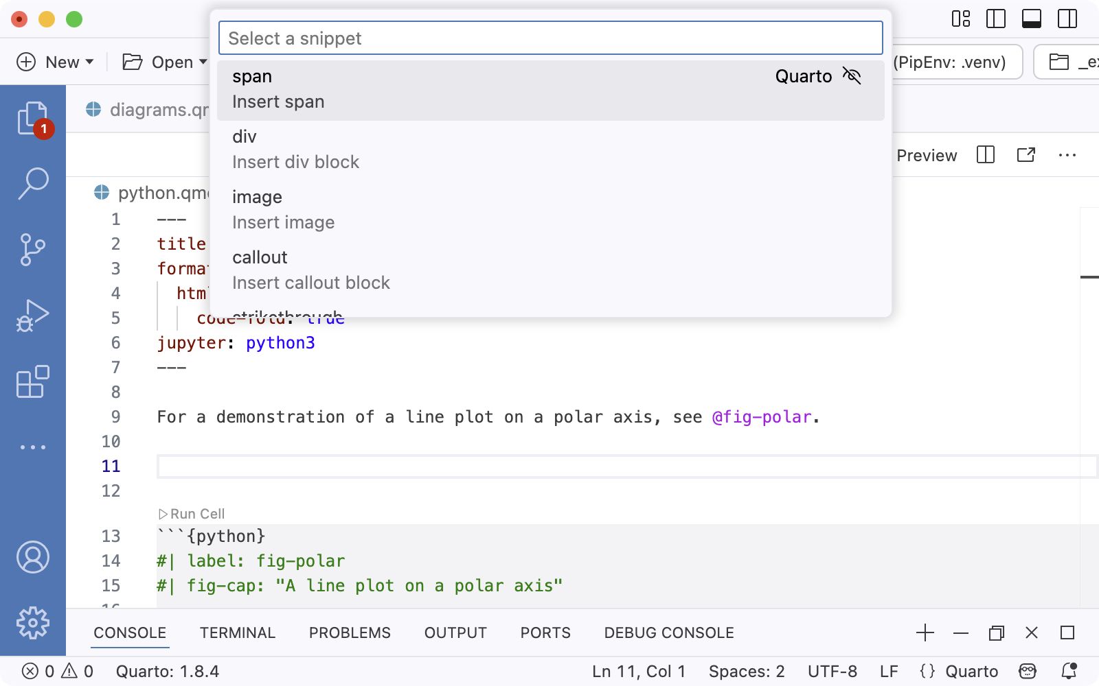 Quarto 문서에서 'Select a snippet' 드롭다운이 열린 상태이며, 첫 번째 항목(굵게 - 굵은 텍스트 삽입)이 선택되어 있습니다.