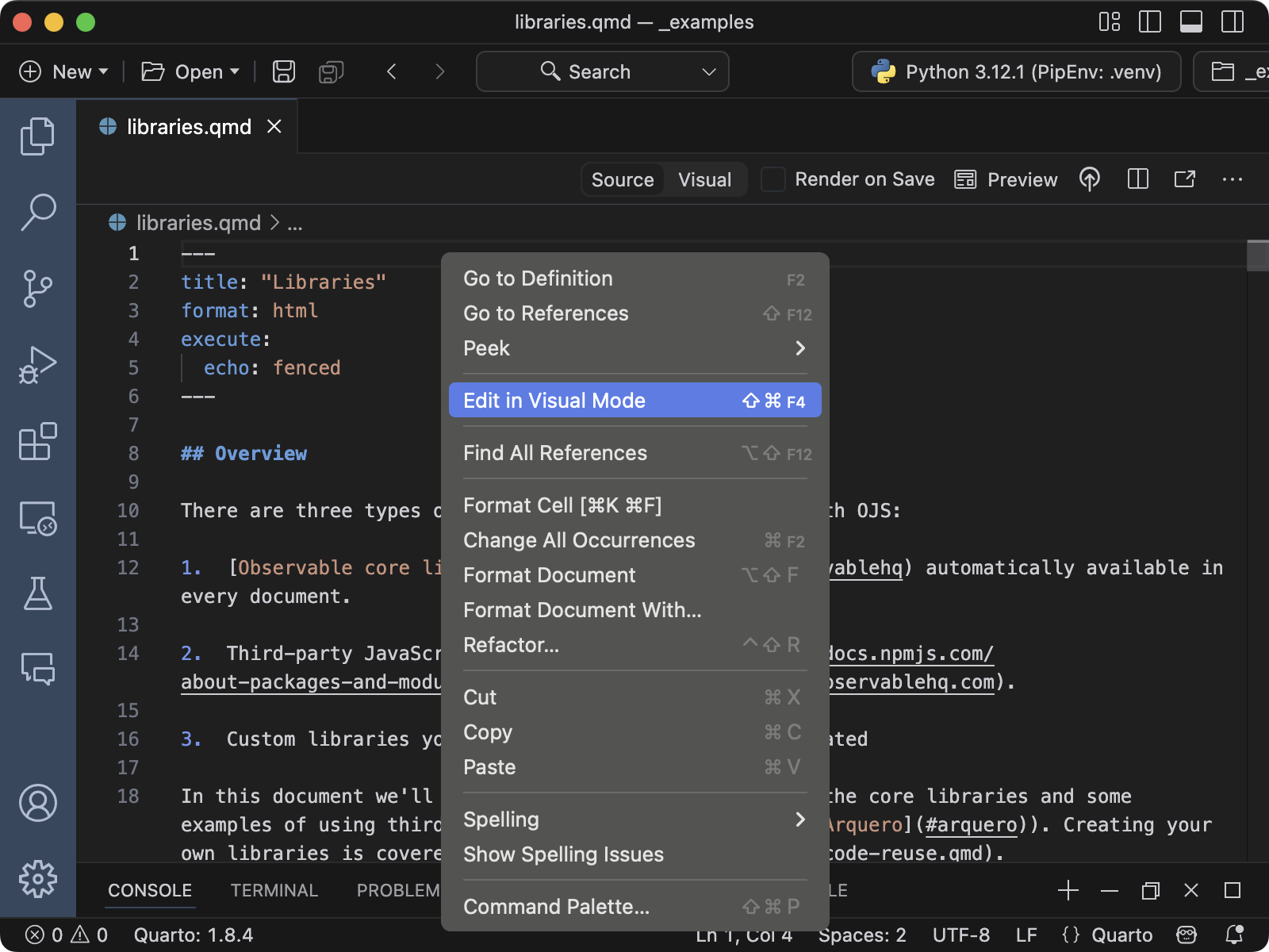 컨텍스트 메뉴에서 Edit in Visual Mode 명령이 강조되어 있습니다.