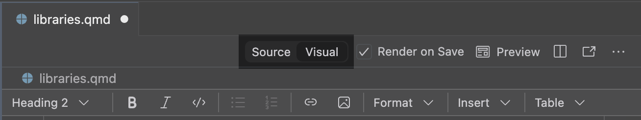 Positron 도구 모음에서 Source와 Visual 버튼이 강조된 모습.