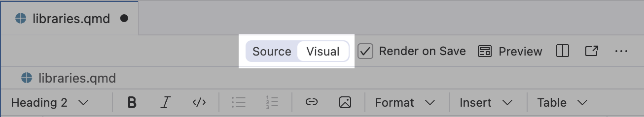 Positron 도구 모음에서 Source와 Visual 버튼이 강조된 모습.