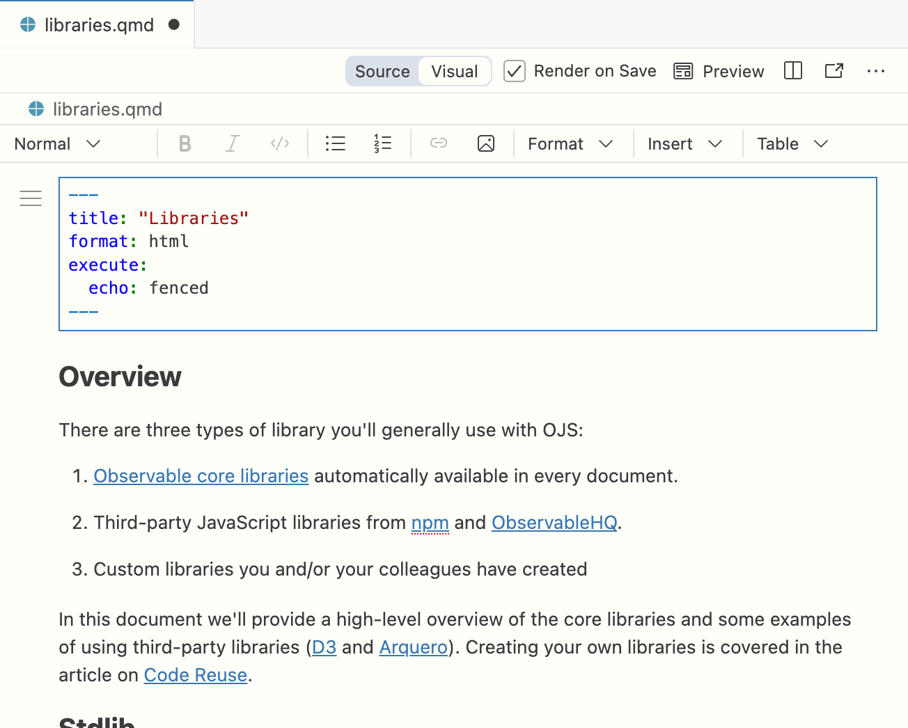 Positron에서 `libraries.qmd` 문서를 시각적 편집 모드로 열어 둔 모습. 부제와 항목 목록이 서식 적용되어 있고, 문서 상단에 시각적 편집 도구 모음이 보입니다.