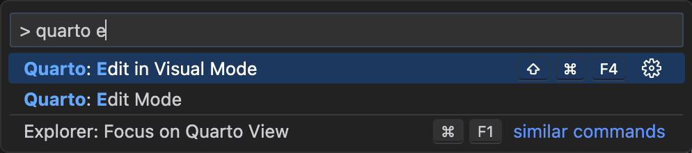 명령 팔레트에서 Edit in Visual Mode 명령이 강조되어 있습니다.