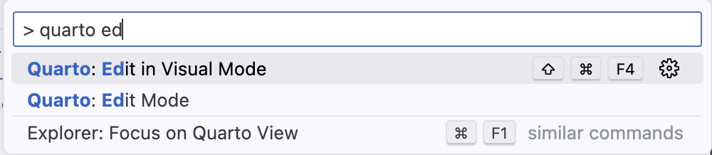 명령 팔레트에서 Edit in Visual Mode 명령이 강조되어 있습니다.