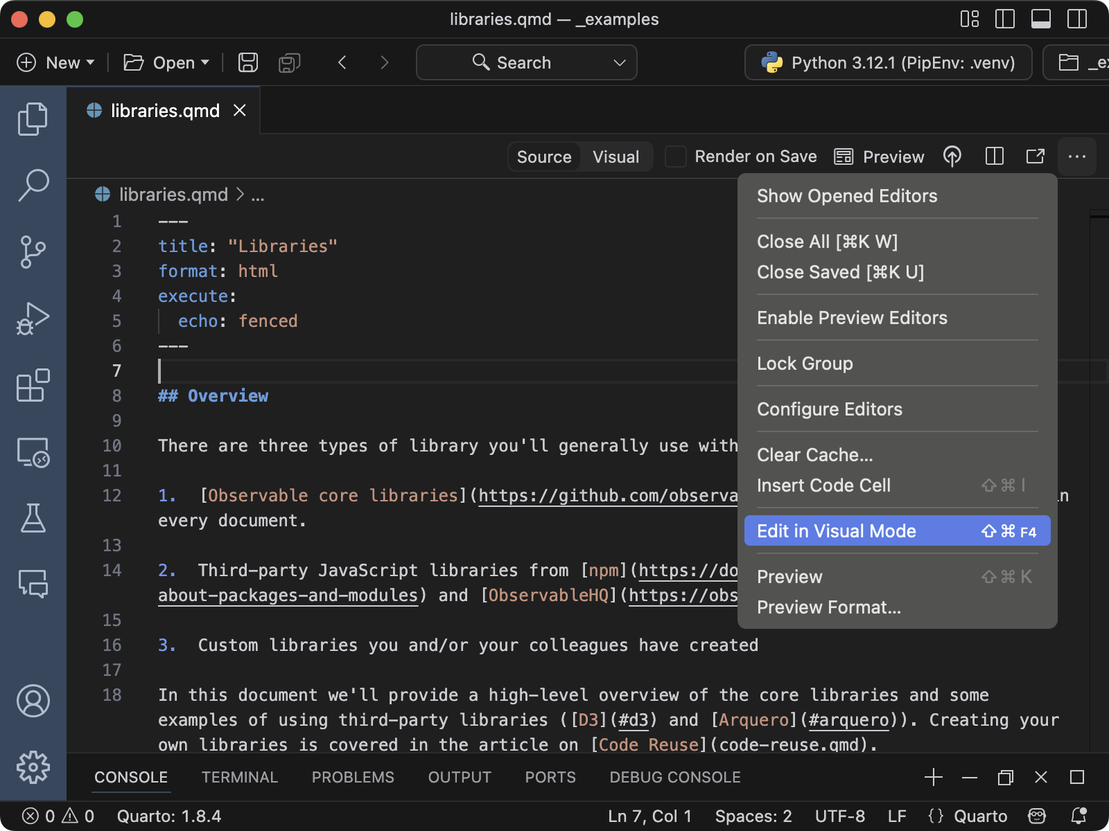편집기 메뉴에서 Edit in Visual Mode 명령이 강조되어 있습니다.