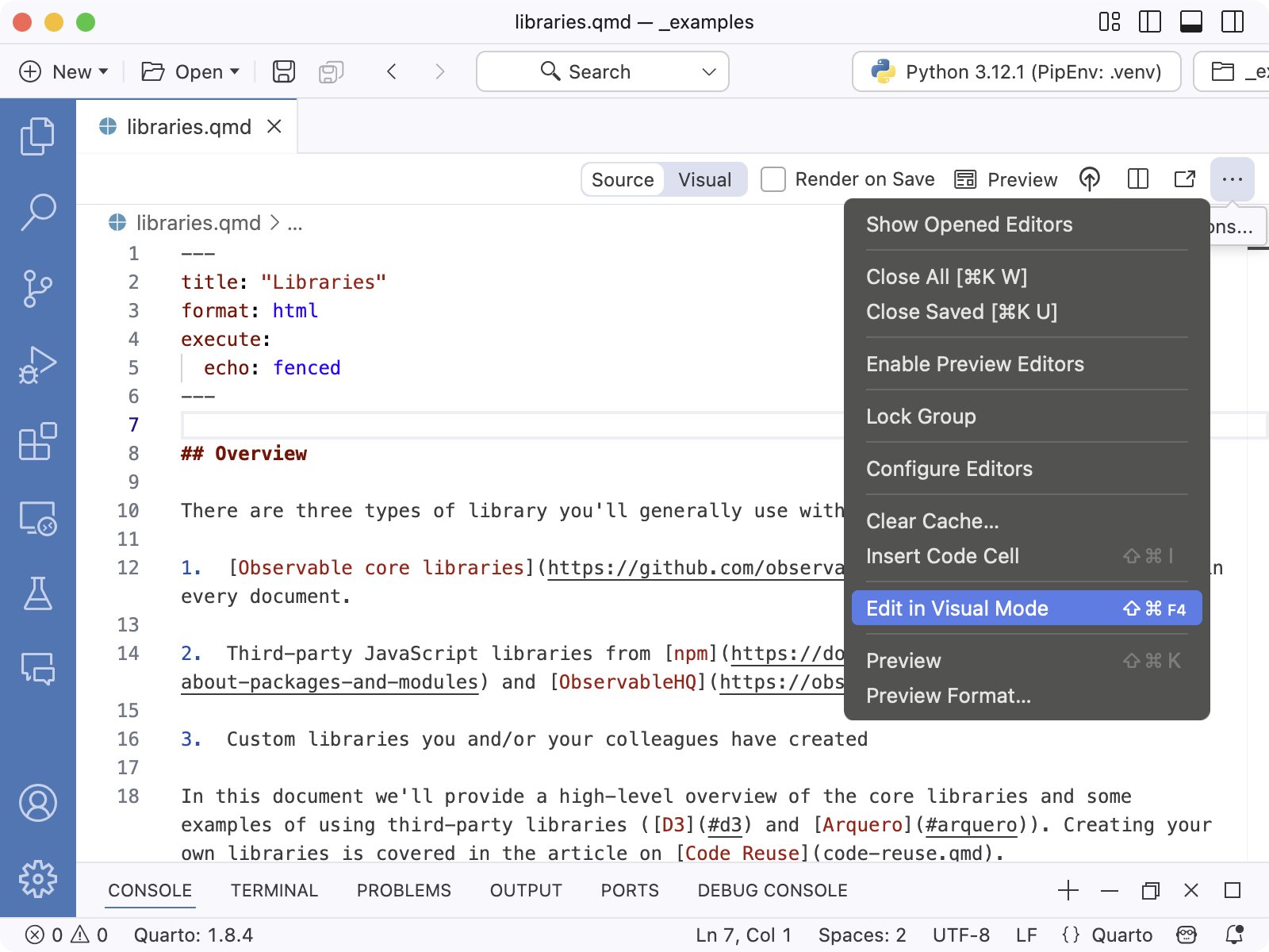 편집기 메뉴에서 Edit in Visual Mode 명령이 강조되어 있습니다.
