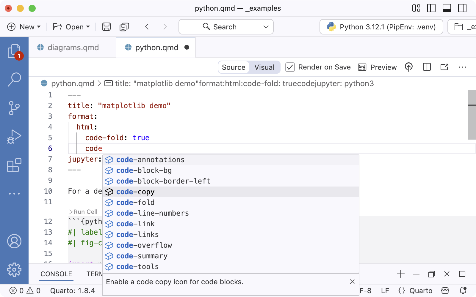 YAML을 편집 중인 Quarto 문서. 커서 옆에 코드 완성 도우미가 열려 있고, 커서 앞의 글자('co')로 시작하는 YAML 옵션이 표시됩니다.