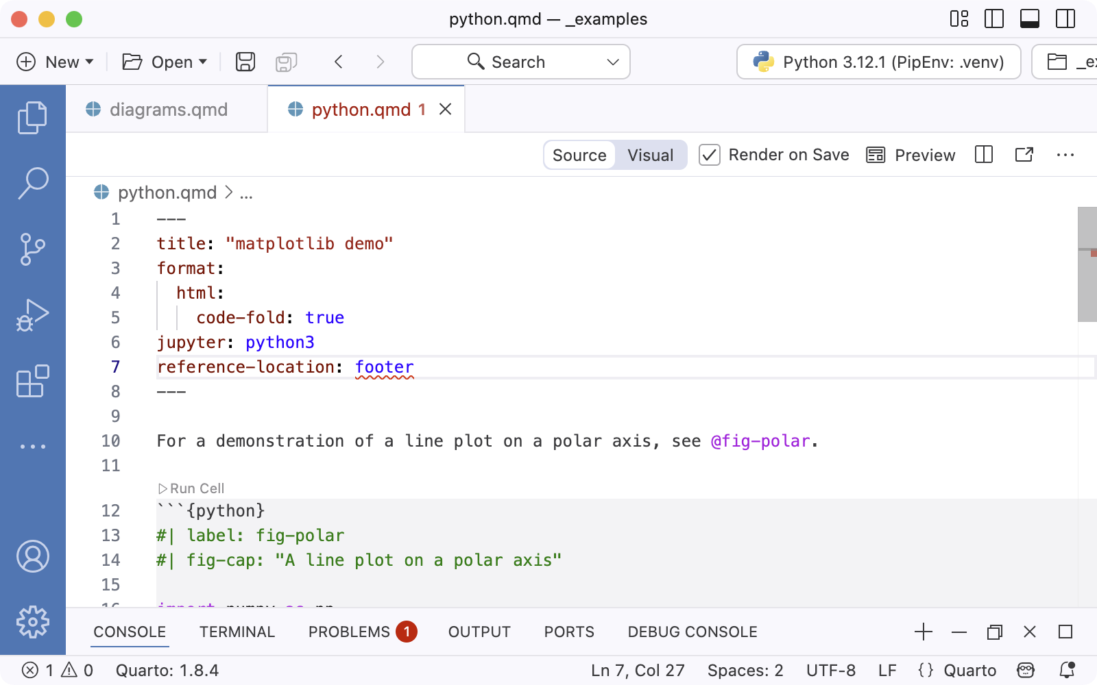 잘못된 옵션이 빨간색으로 밑줄 처리된 Quarto 문서의 YAML 메타데이터.