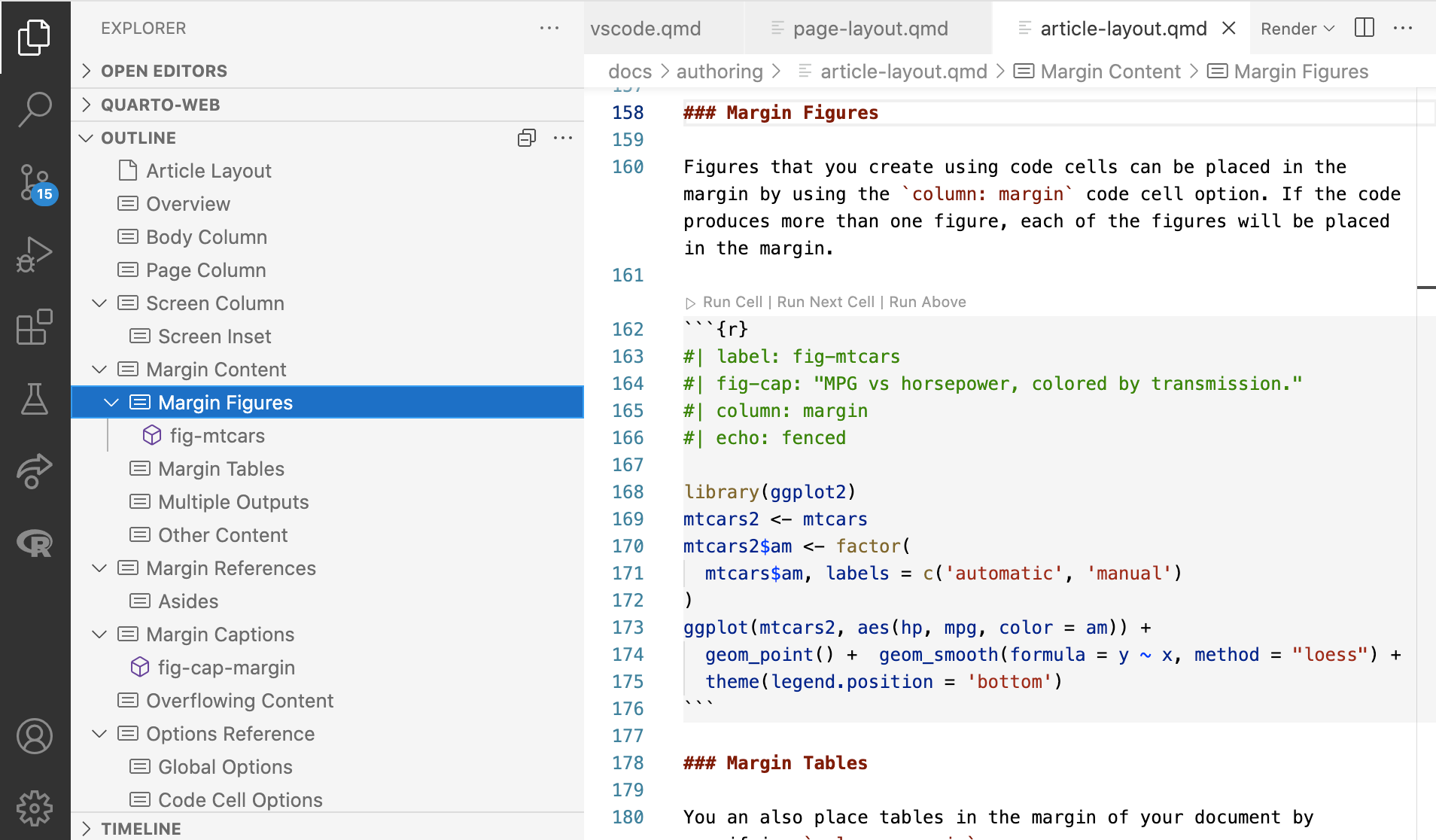 왼쪽 패널에 개요 보기가 표시된 Quarto 문서. 개요에는 Quarto 문서의 섹션 제목이 나열됩니다.