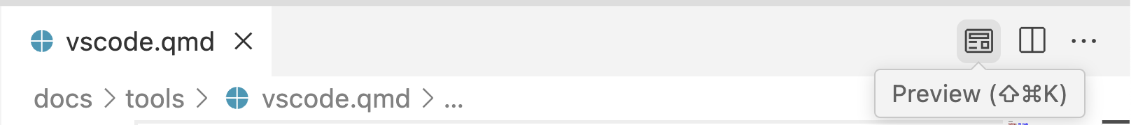 VS Code 편집기 상단. 편집기 탭 영역의 오른쪽에 Preview 버튼이 있습니다.