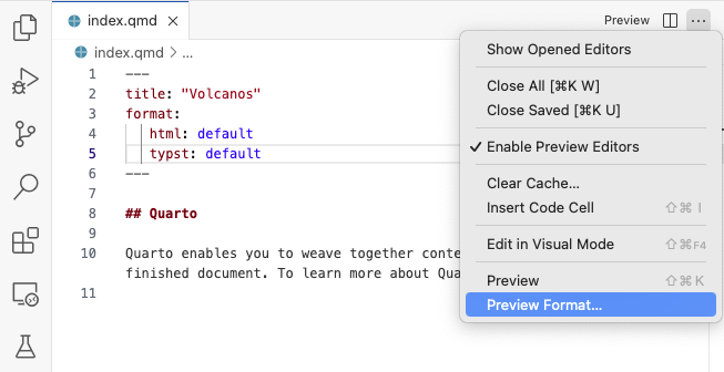 VS Code 편집기 상단. 편집기 제목 메뉴가 확장되어 있고 Preview Format 명령이 메뉴에 있습니다.