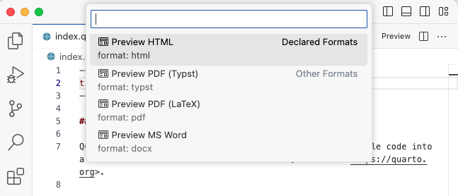 VS Code 편집기 상단. 명령 팔레트에 미리보기 가능한 형식의 빠른 선택 목록이 표시됩니다.
