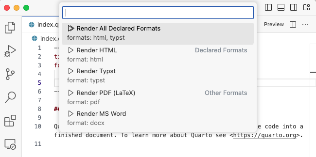 VS Code 편집기 상단. 명령 팔레트에 렌더링 가능한 형식의 빠른 선택 목록이 표시됩니다.
