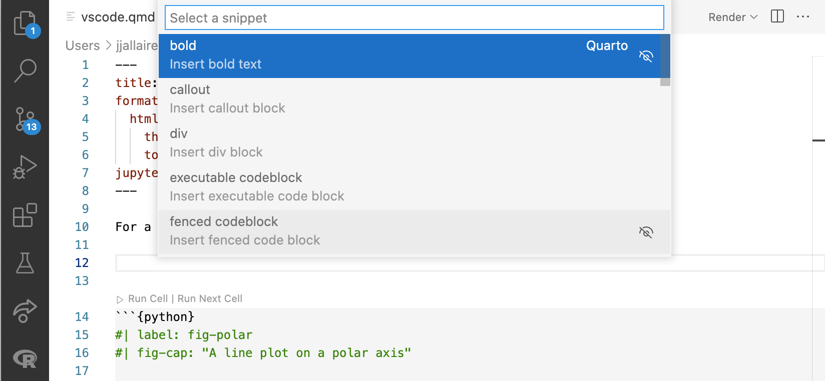 Quarto 문서에서 'Select a snippet' 드롭다운이 열린 상태이며, 첫 번째 항목(굵게 - 굵은 텍스트 삽입)이 선택되어 있습니다.