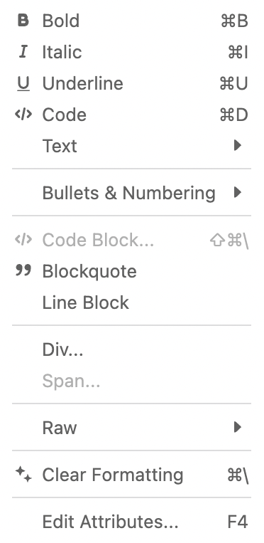 Format 드롭다운 메뉴의 내용.