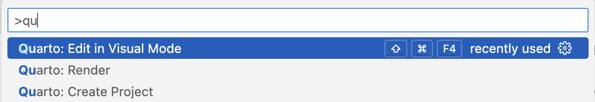 명령 팔레트에서 Edit in Visual Mode 명령이 강조되어 있습니다.