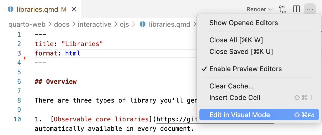 편집기 메뉴에서 Edit in Visual Mode 명령이 강조되어 있습니다.