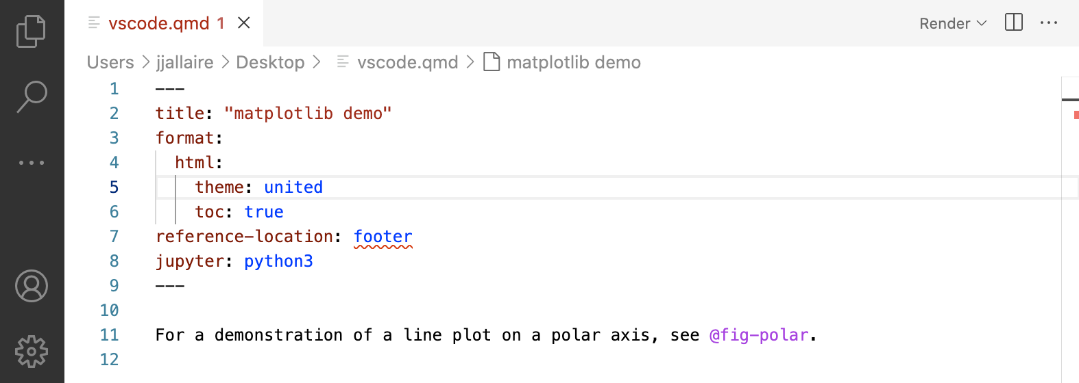 잘못된 옵션이 빨간색으로 밑줄 처리된 Quarto 문서의 YAML 메타데이터.