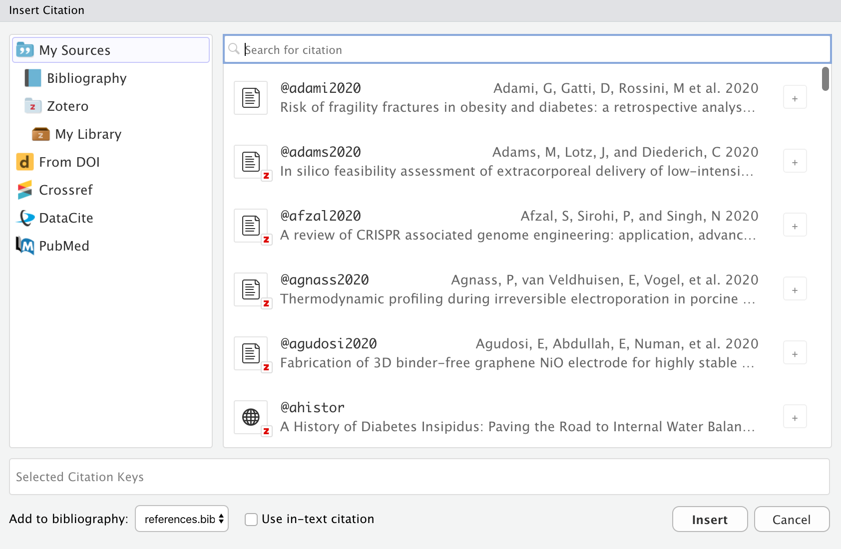 RStudio의 'Insert Citation' 창. 왼쪽에는 'My Sources', 'Bibliography', 'Zotero', 'My Library', 'From DOI', 'Crossref', 'DataCite', 'PubMed' 옵션이 세로로 배치되어 있습니다. 오른쪽 상단에는 검색 바가 있고 'Search for citation' 안내 텍스트가 보입니다. 아래에는 검색 결과 목록이 있습니다. 각 결과는 '@citation-ref' 형태의 제목, 왼쪽 아이콘, 아래의 회색 제목, 오른쪽의 회색 인용 정보를 포함합니다. 창 하단에는 'Select Citation Keys' 텍스트가 있고, 왼쪽 하단에는 'Add to bibliography' 드롭다운(현재 'references.bib'), 오른쪽에는 'Use in-text citation' 버튼과 'Insert', 'Cancel' 버튼이 있습니다.