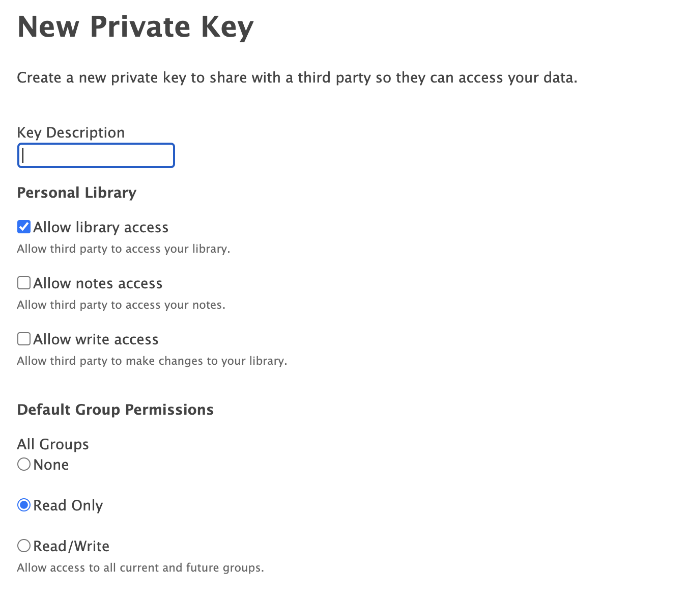 Zotero의 'New Private Key' 섹션. 'Allow library access' 옵션이 선택되어 있습니다.