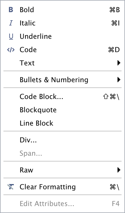 Format 드롭다운 메뉴의 내용.