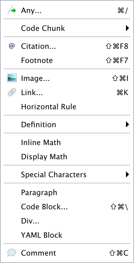 Insert 드롭다운 메뉴의 내용.