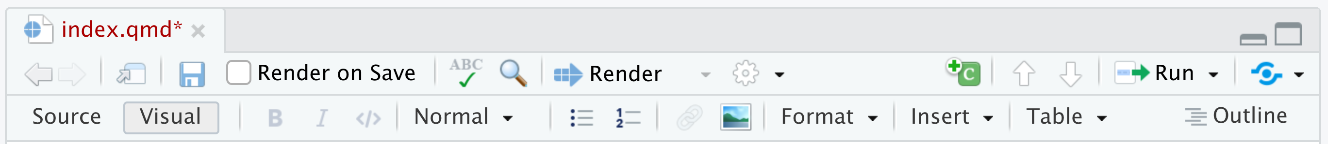 Quarto 문서 상단의 옵션 바가 표시된 RStudio 창 일부.