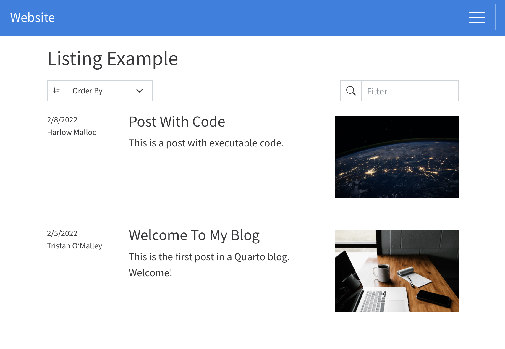 Listing Example 페이지 스크린샷. 상단에 내비게이션 바가 있고 왼쪽에 사이트 이름, 오른쪽에 접힌 메뉴 아이콘이 있습니다. 헤더(Listing example) 아래 왼쪽에는 정렬 드롭다운이, 오른쪽에는 검색 입력 상자가 있습니다. 항목은 전체 너비 행으로 나열되며, 각 항목의 메타데이터(작성자, 날짜), 제목, 설명, 이미지가 표시됩니다.