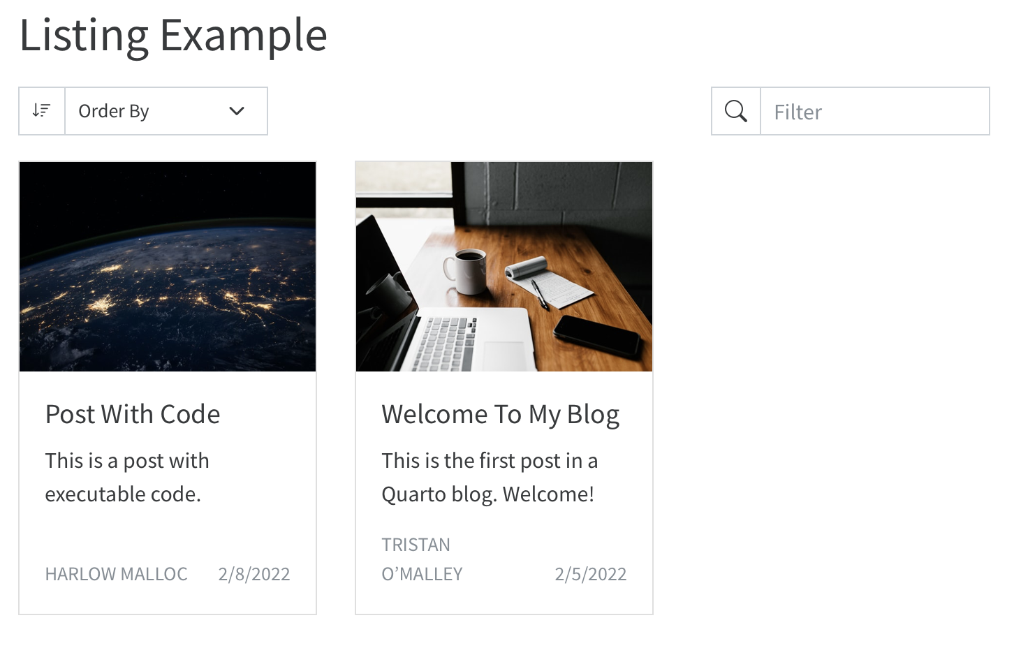 그리드 스타일 카드가 표시된 Listing Example 페이지.