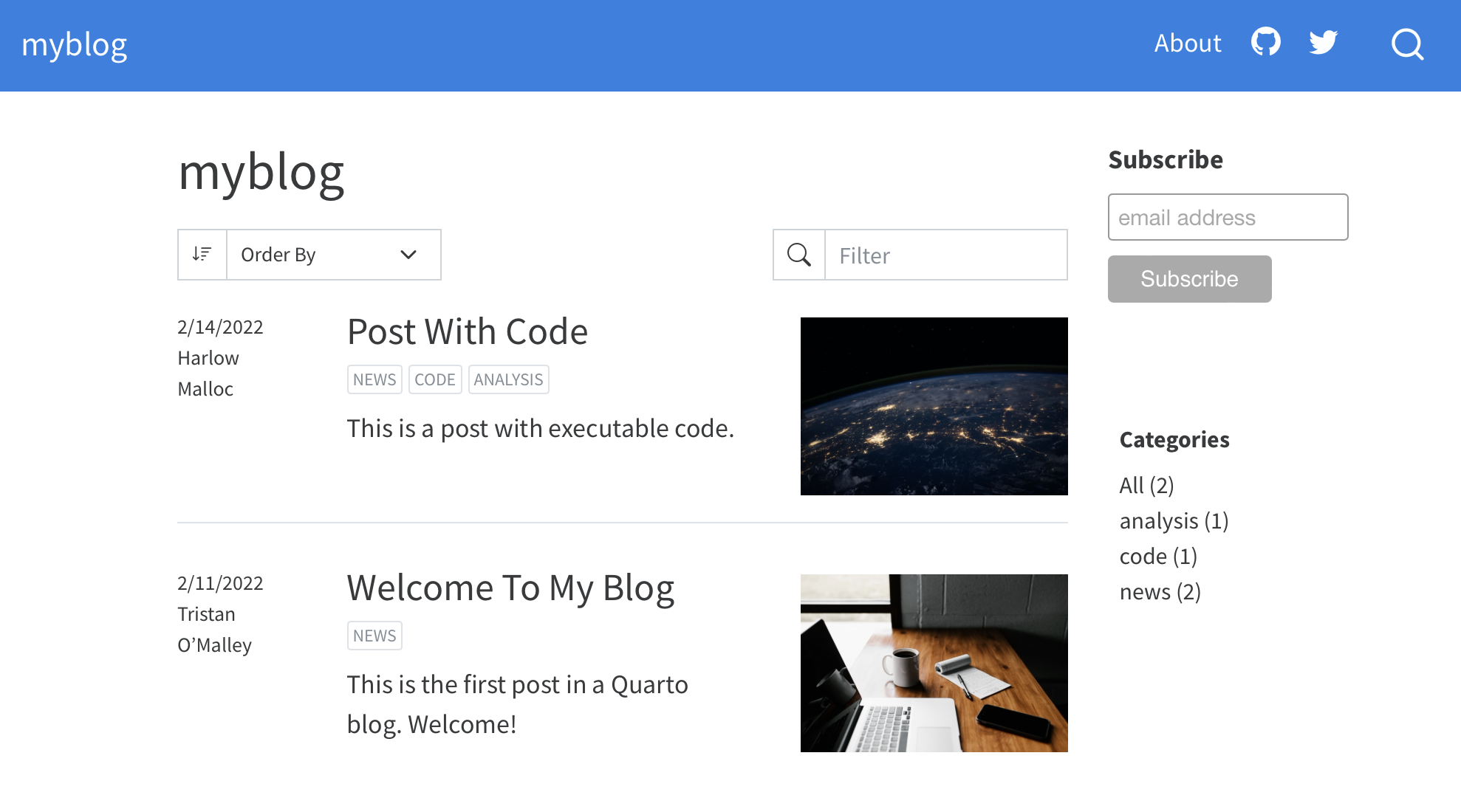 블로그 오른쪽 상단에 Subscribe 섹션이 표시된 스크린샷. 'email address' 입력 필드와 아래의 'Subscribe' 버튼이 있습니다.