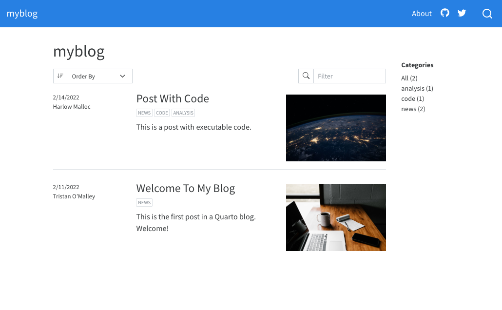 블로그 페이지 스크린샷. 상단 내비게이션 바에는 왼쪽에 블로그 제목('myblog'), 오른쪽에 'About', GitHub 아이콘, Twitter 아이콘, 검색 아이콘이 있습니다. 본문에는 날짜순으로 정렬된 두 개의 게시물이 제목, 태그, 설명, 미리보기와 함께 표시됩니다. 본문 오른쪽에는 게시물 수가 표시된 카테고리가 있습니다.