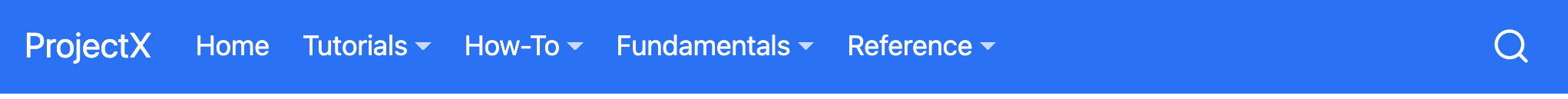 왼쪽에 'ProjectX' 제목이 있는 내비게이션 바. 오른쪽에는 'Home', 'Tutorials', 'How-To', 'Fundamentals', 'Reference' 메뉴가 있고, 'Home'은 더 연한 색입니다. 나머지 메뉴에는 드롭다운을 나타내는 아래쪽 삼각형이 표시됩니다. 오른쪽 끝에는 검색 바가 있습니다.