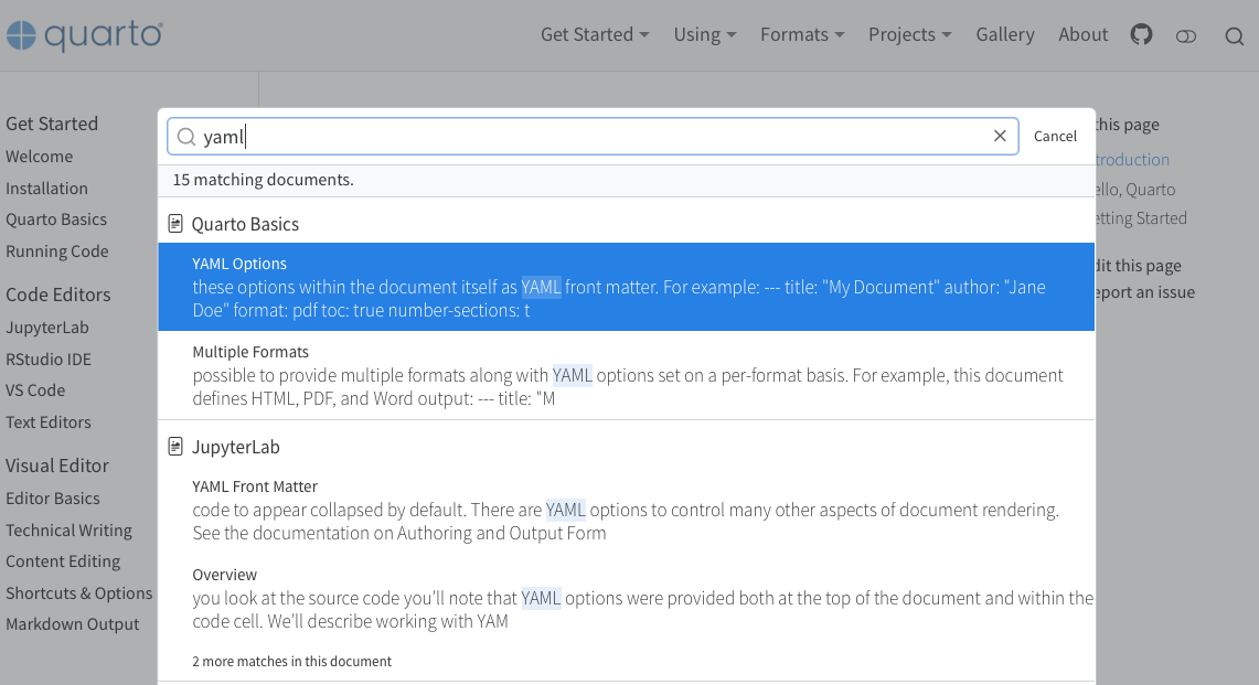 Algolia 검색 오버레이가 'detached' 모드로 표시된 Quarto 페이지. 검색 다이얼로그 뒤 웹페이지가 어두워지고, 다이얼로그에는 입력 필드와 일치 문서 목록 및 미리보기가 표시됩니다.