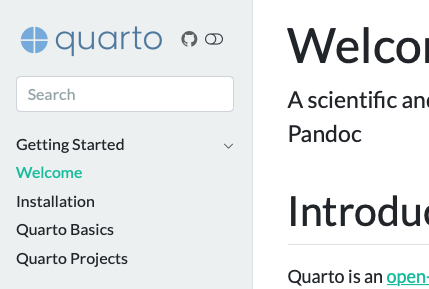 라이트 테마의 Quarto 사이드바. 'Dark mode' 토글이 꺼져 있습니다.
