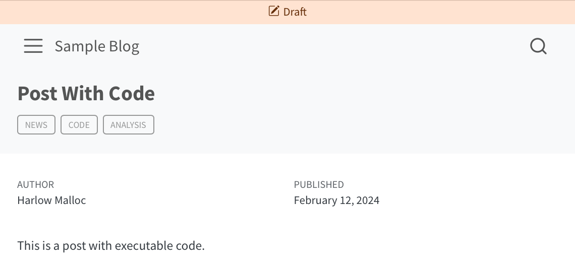 'Post With Code' 제목의 게시물 스크린샷. 페이지 상단에 'Draft' 배너가 표시됩니다.