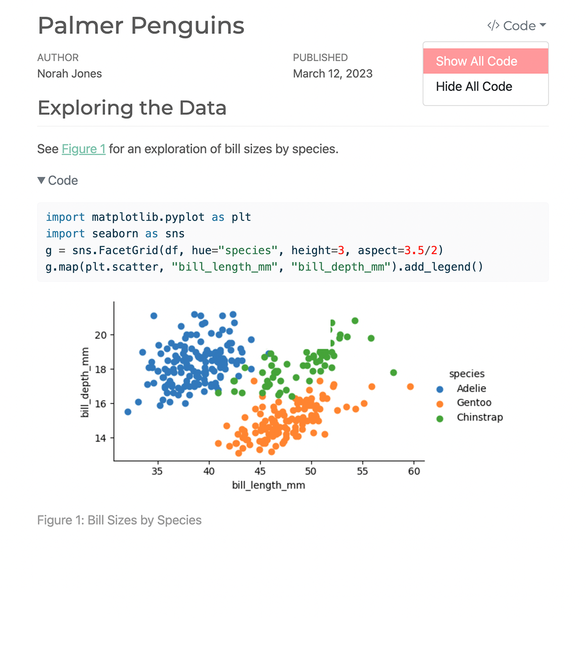 HTML에서 표시된 예제 Jupyter 노트북 Palmer Penguins의 출력. 제목, 메타데이터, 텍스트, 코드, 산점도가 보이며, 상단에는 코드 표시/숨기기 드롭다운 옵션이 있습니다.