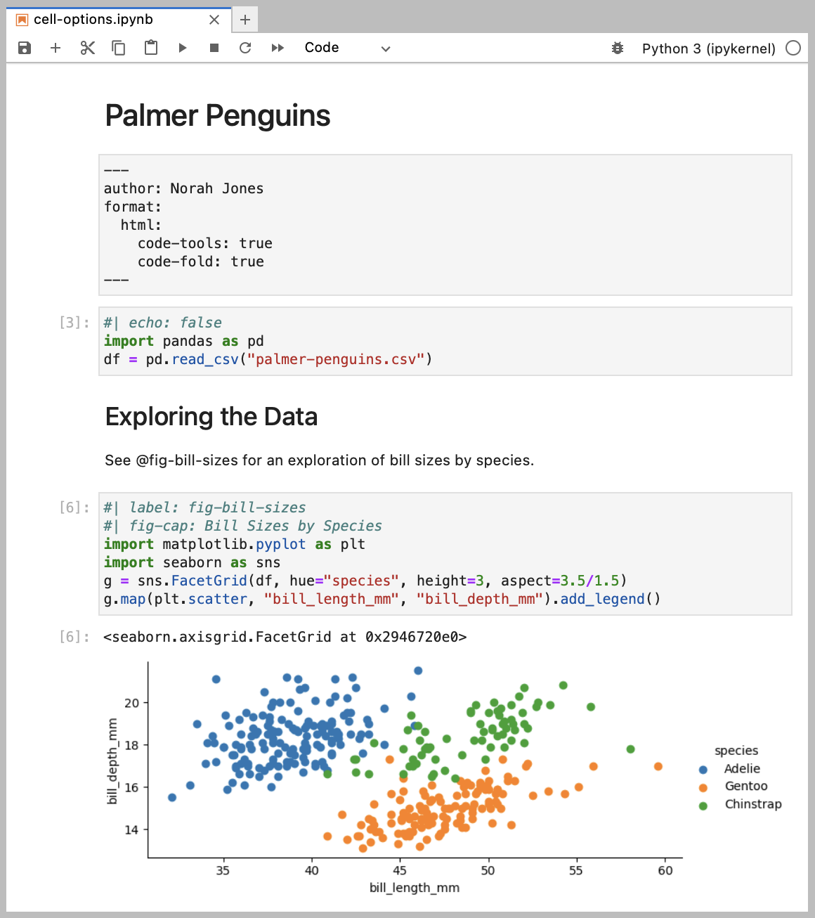 코드 셀, 텍스트, 산점도가 포함된 Palmer Penguins 예제 Jupyter 노트북.